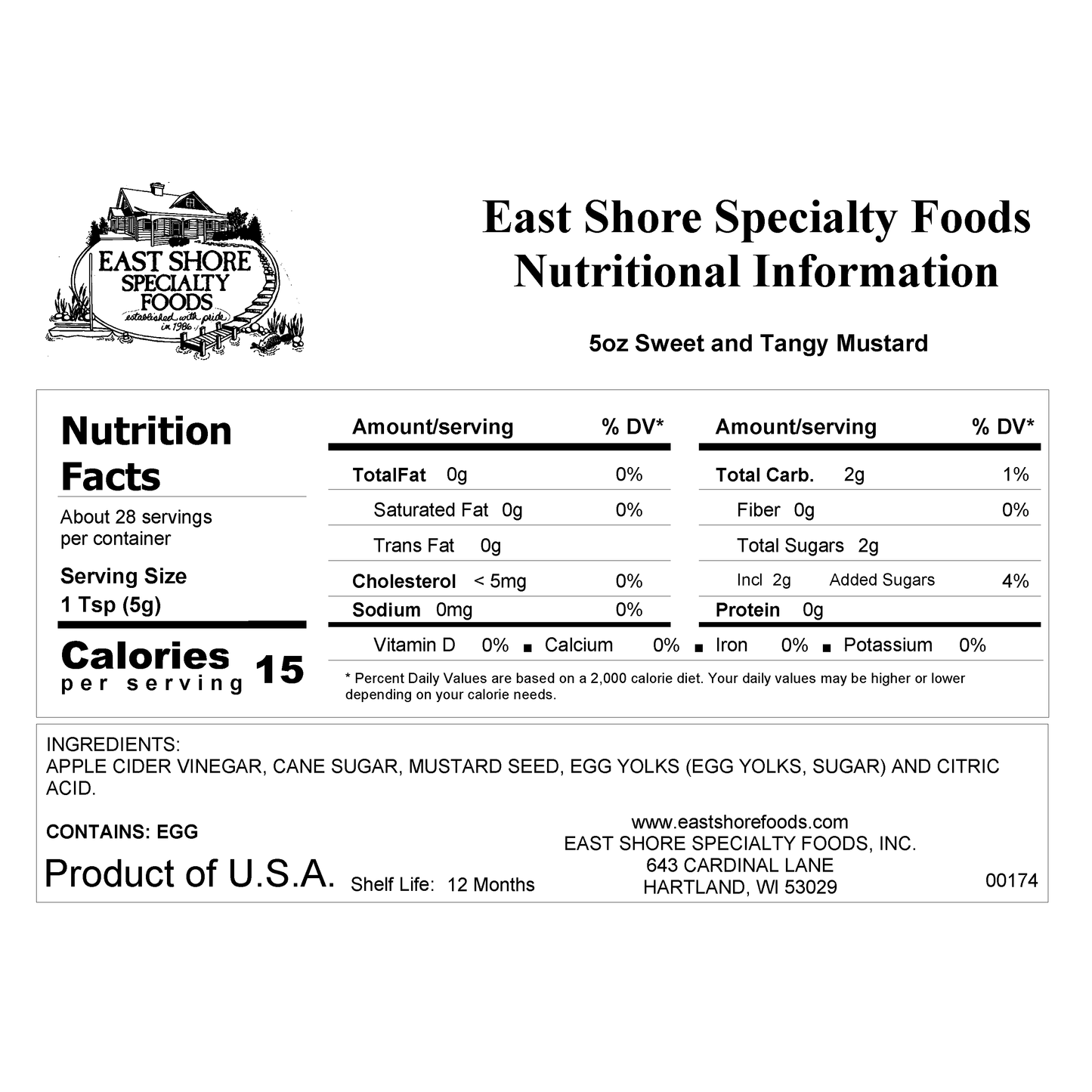 East Shore Specialty Foods, Inc. - East Shore Mustard - Sweet and Tangy Mustard - 5oz