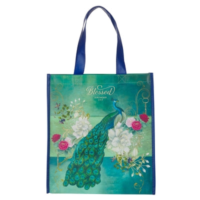 Christian Art Gifts Floral Peacock Reusable Multicolor Shopping Tote Bag for Women: Blessed - Jer. 17:7 Scripture, Easy-Hold, Durable, Collapsible Han by Christian Art Gifts